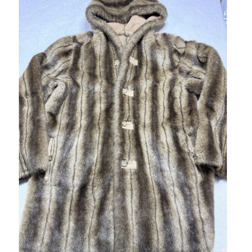Dennis Basso Reversible Faux Fur Coat Hooded Suede Parka Mob Wife Vtg Sz Lg